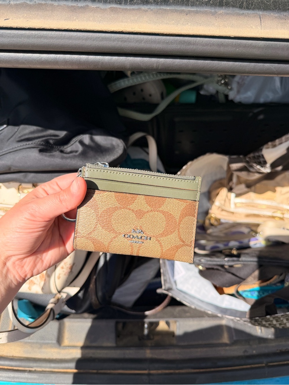 Coach Brown Signature Canvas Card Holder with Green Trim and Key Ring